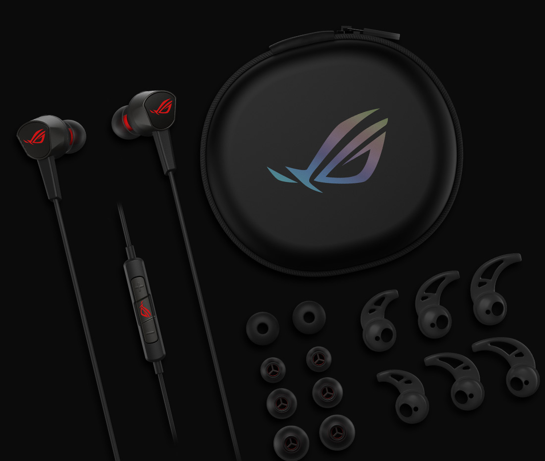 The compact travel case of ROG Cetra II Core includes a pair of foam ear tips and LSR ear tips of three different sizes