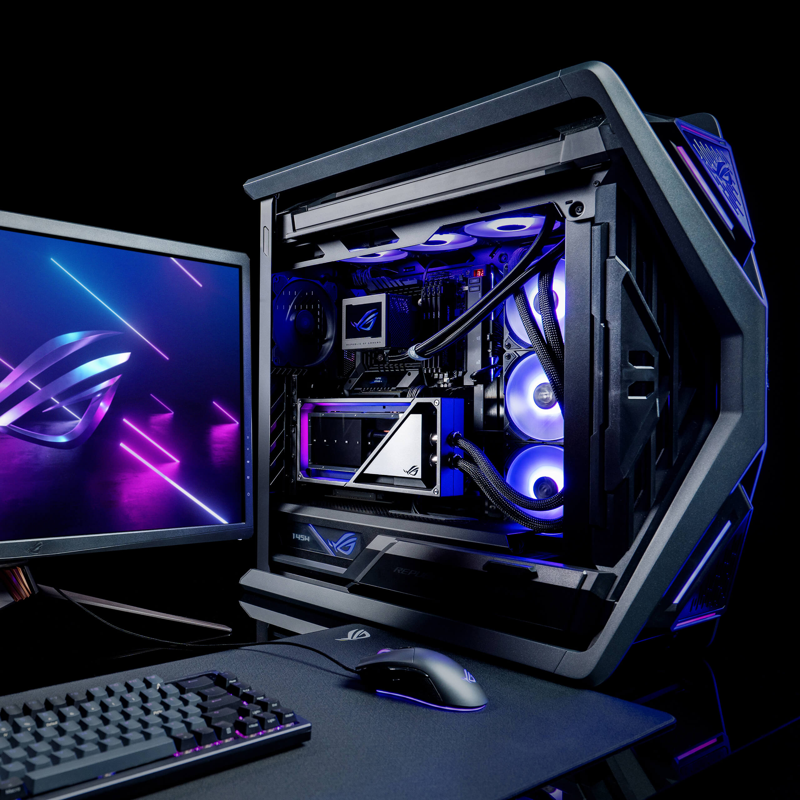 ROG Matrix RTX 4090 in the PC build with ROG monitor, mouse and keyboard in the scenario