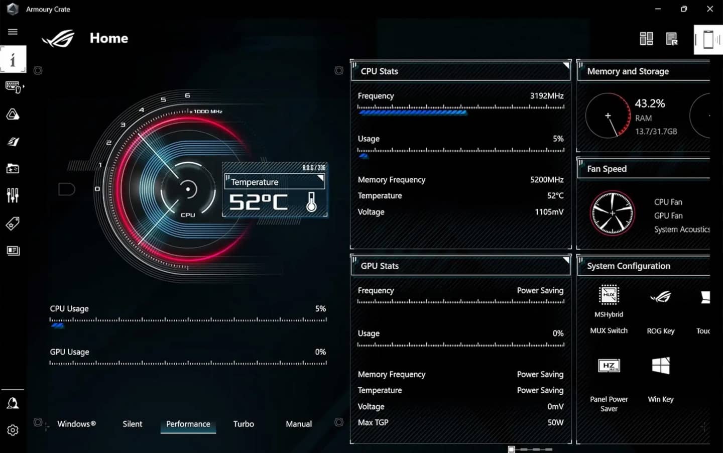 An Eclipse Gray Zephyrus G16 with the lid open and the main page of Armory Crate on screen.