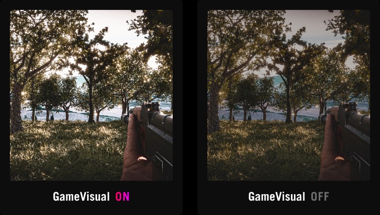 A comparison of FPS mode view on ROG Swift PG32UQXR, with and without GameVisual