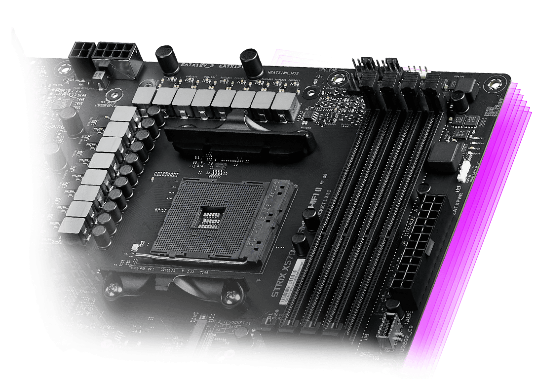 The power design of ROG Strix X570-E Gaming WiFi II CPU area closeup highlighting six-layer PCB
