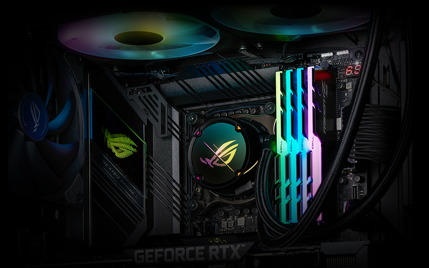 Top half of ROG motherboard in PC with AIO Cooler and RGB DIMMs