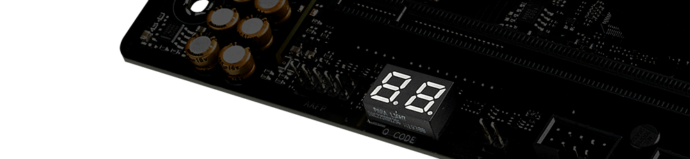 Closeup of ROG Strix X570-E Gaming WiFi II Q-code diagnostic LEDs