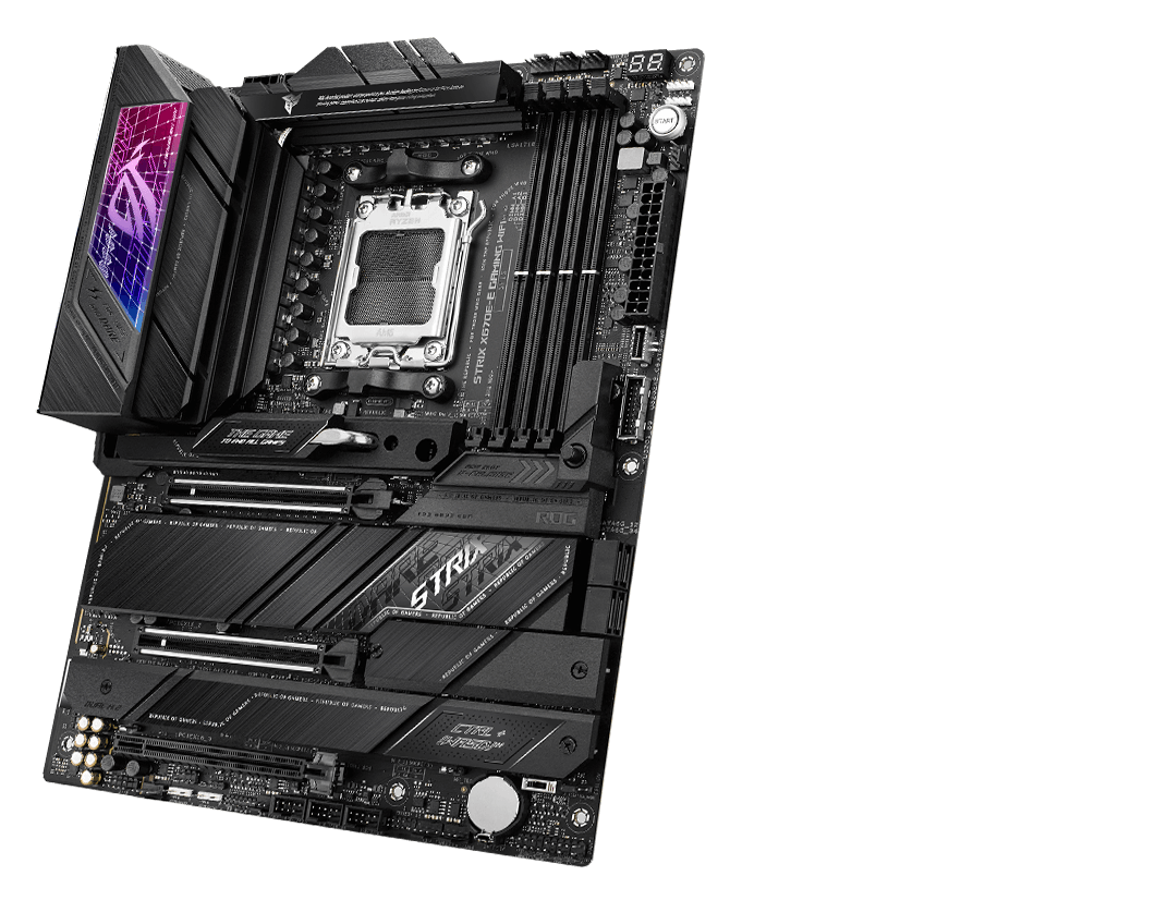 The ROG Strix X670E-E front and back designs offer a clean, modern aesthetic