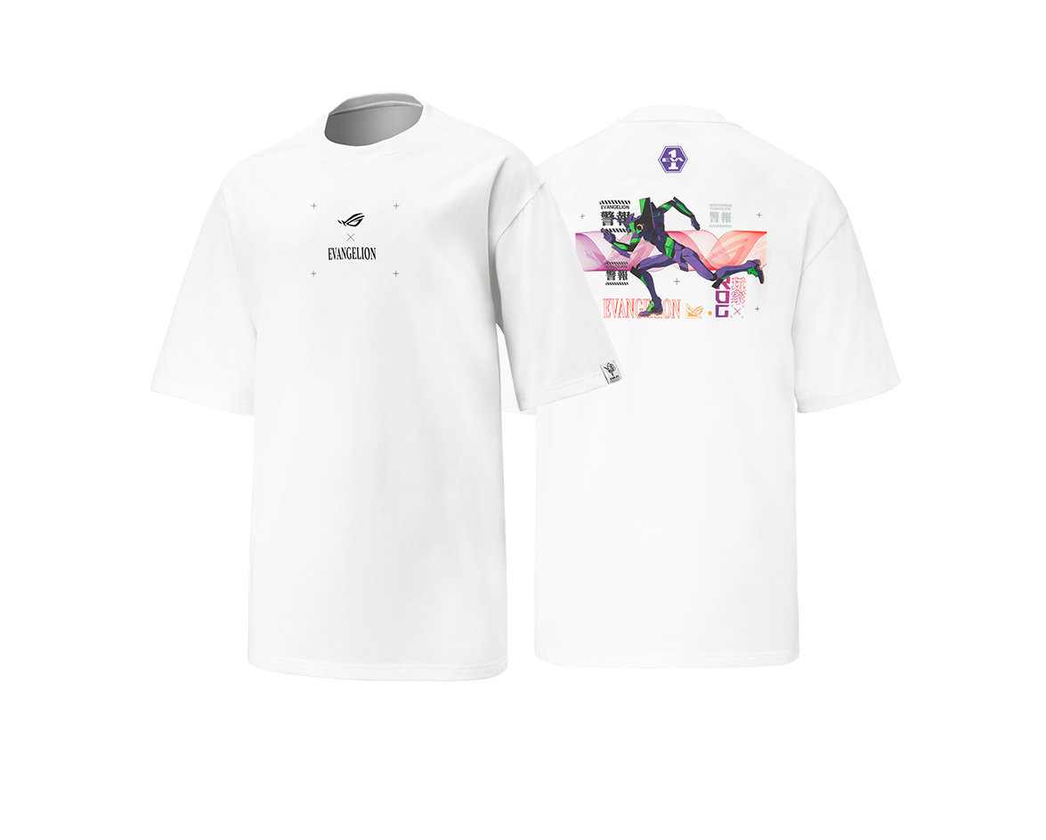 ROG White T-Shirt EVA Edition (front and back views)