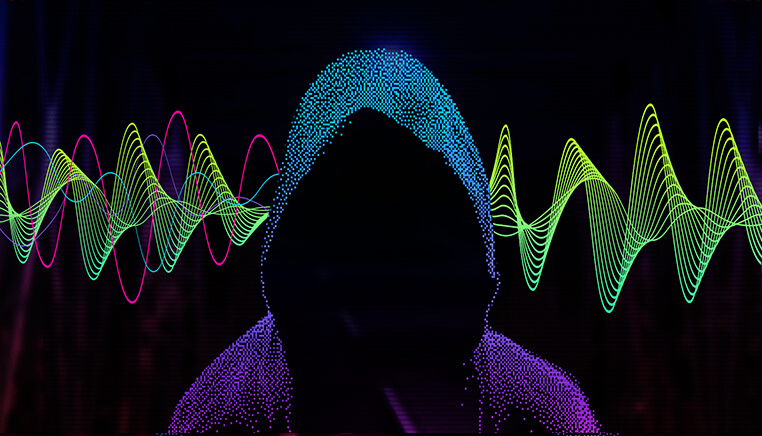 Two sound waves from left to right. After going through a person in the middle of the image, one sound wave gets filtered.