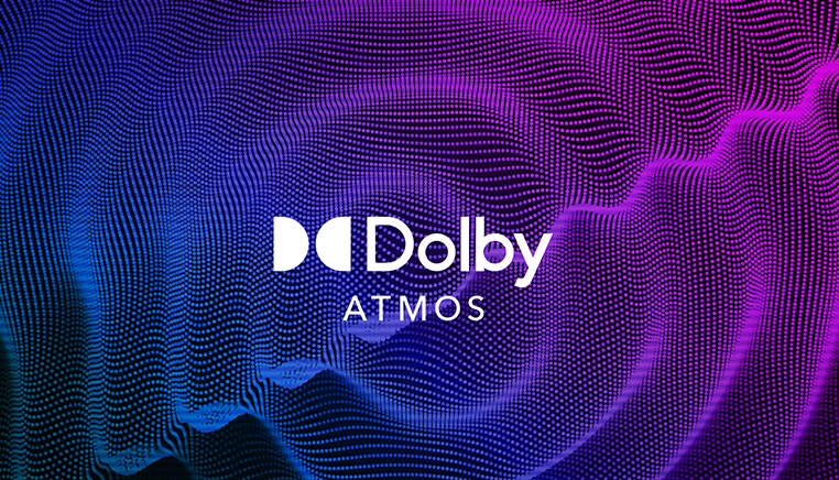 Bənövşəyi səs dalğaları fonunda Dolby Atmos piktoqramı.
