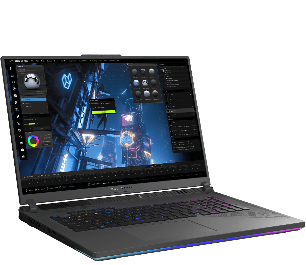 Ноутбук ROG Strix G18 показан спереди. На клавиатуре стоит модель игрового персонажа ПКД, а на экране ноутбука виден интерфейс приложения для трехмерного рендеринга.