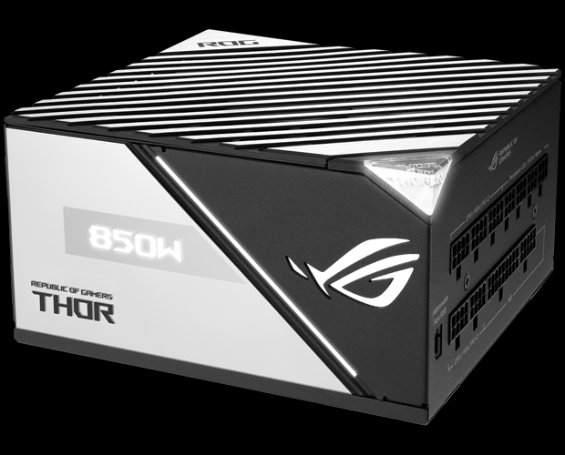 ROG Thor 850W Platinum II 的側面角度，呈現 RGB 燈光效果。