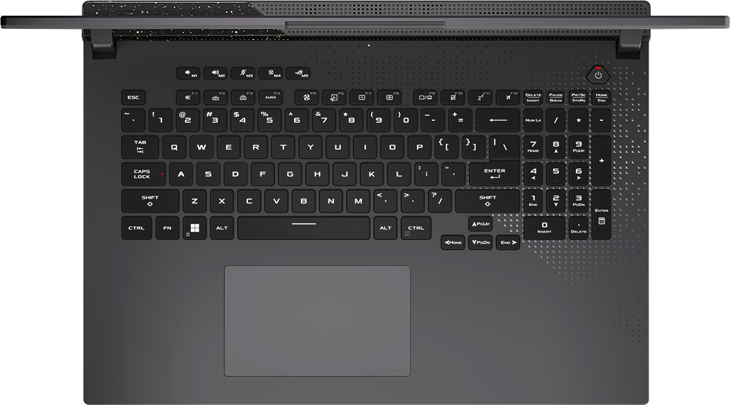 Top-down view of the keyboard deck of a Strix G17