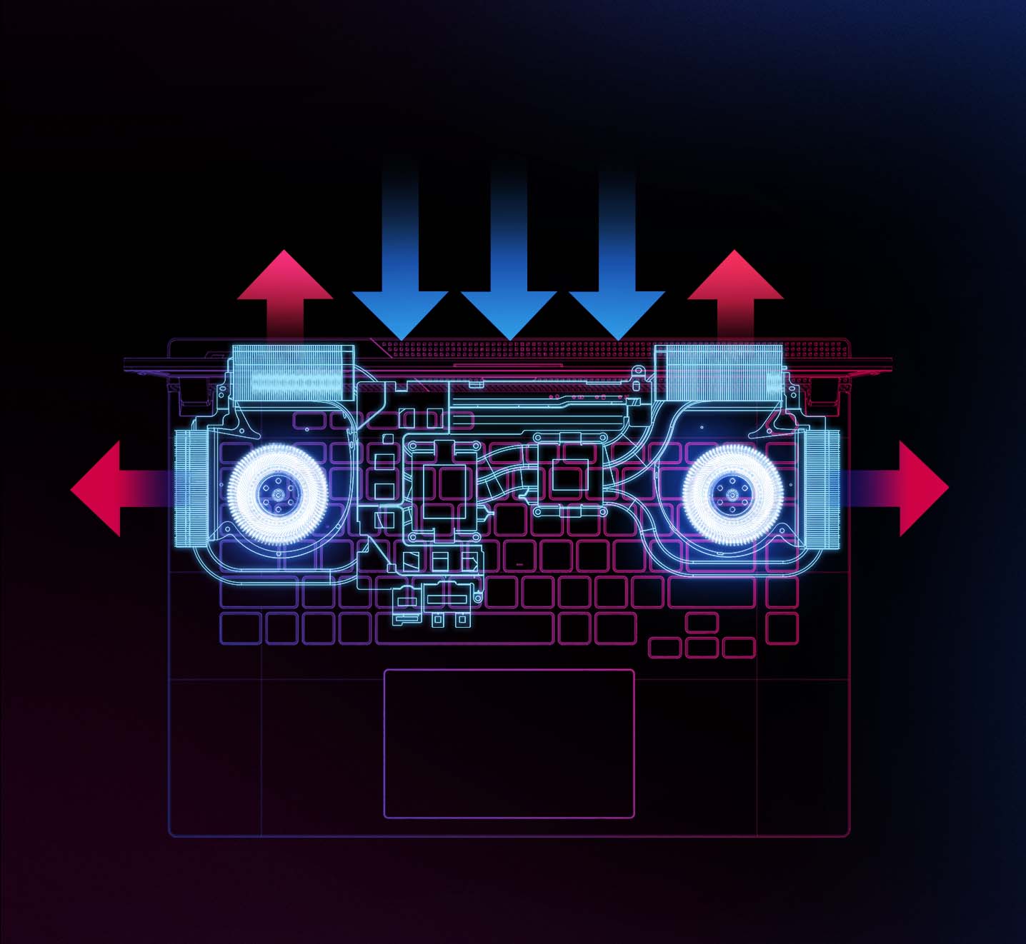 Top-down X-ray view of the Strix G17, with emphasis on the airflow of the cooling system.