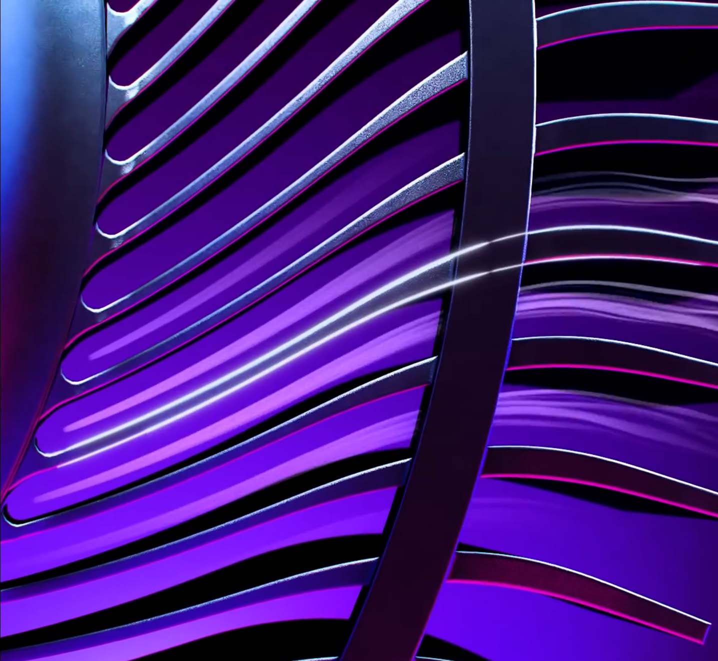 A stylized 3D rendering close-up shot of the fan blades with airflow running through the fins.