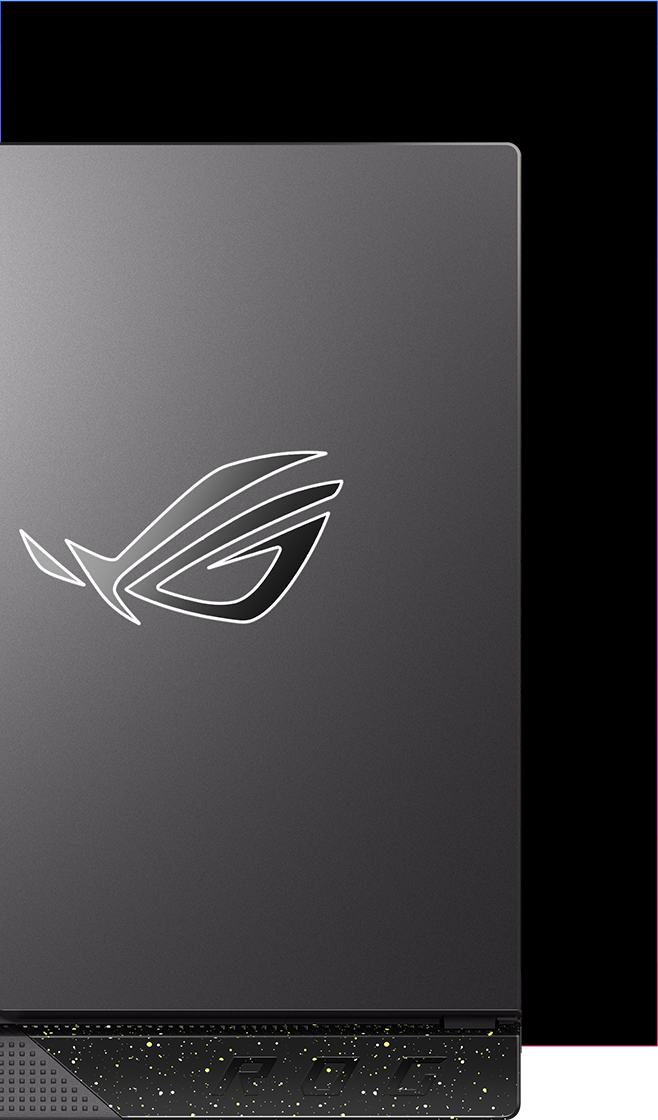 Extreme close-up of the Strix G17 lid, with emphasis on the ROG Fearless Eye logo.