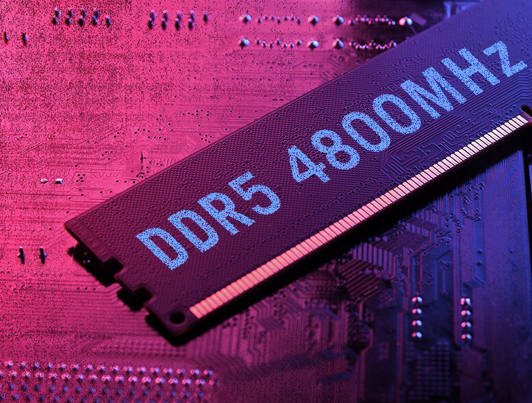 Stylizované 3D vykreslení modulu DDR5 4800MHz RAM.