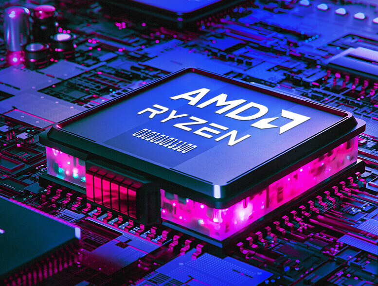 Rendu 3D stylisé d'un processeur avec la marque AMD Ryzen slotté dans la machine.