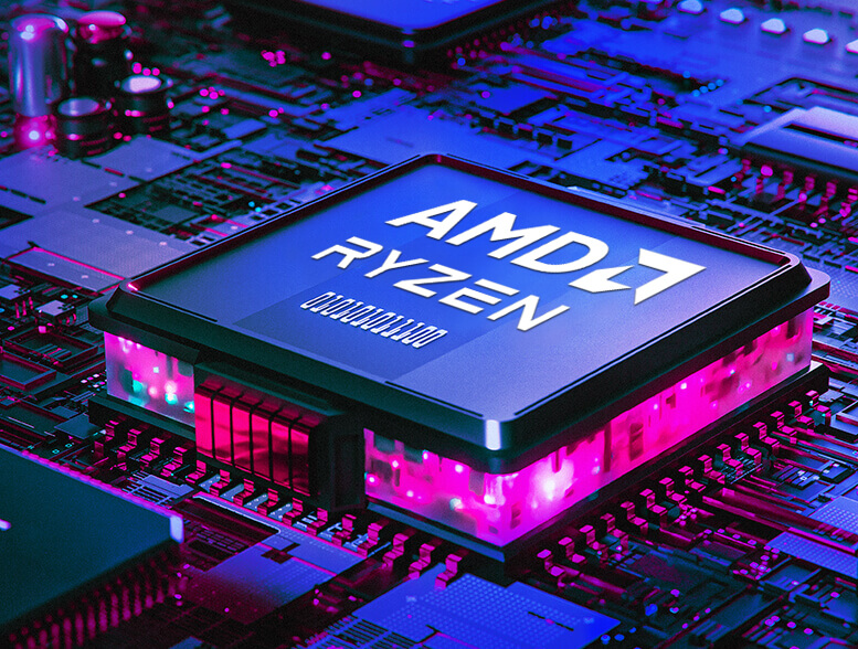 Renderização estilizada em 3D de um CPU com a marca AMD Ryzen a entrar na máquina.