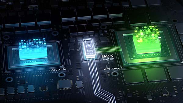 右側綠色 GPU 和左側藍色 CPU 以及中間 MUX 開關的風格化 3D 渲染，以光束連接 MUX 獨顯直連開關和 GPU。