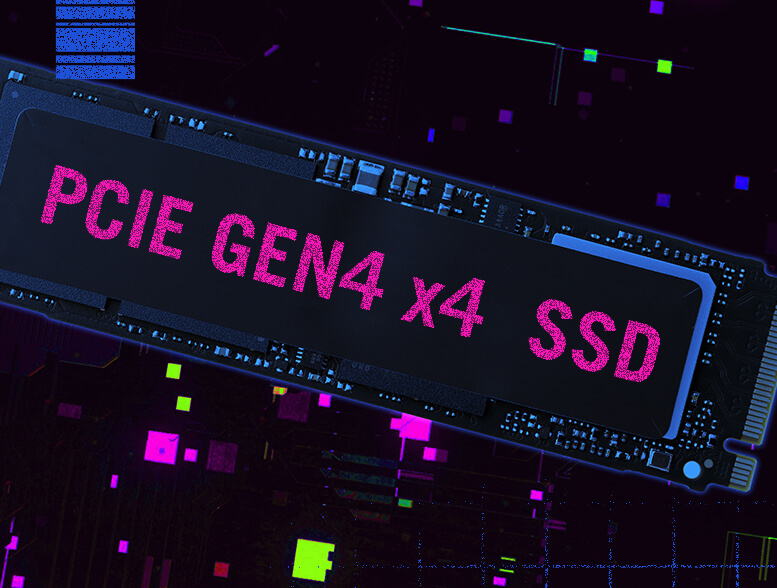 Stylized 3D rendering of a PCIe Gen4 NVMe SSD.