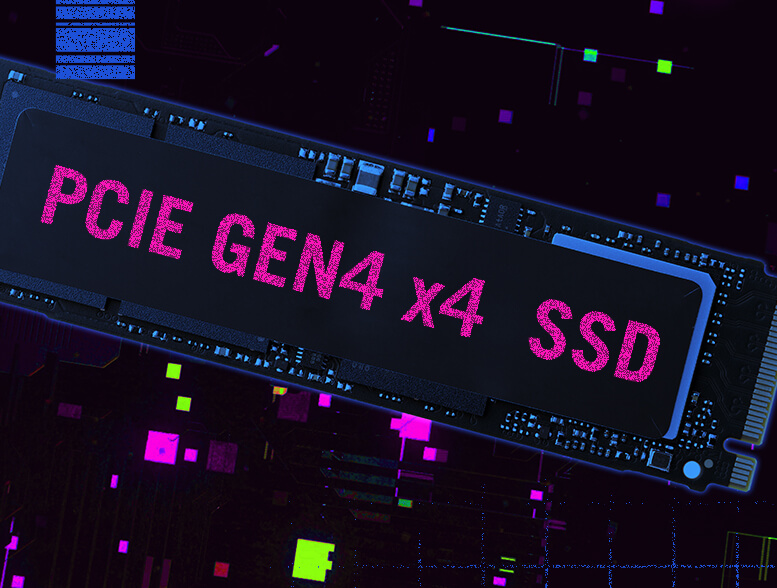 Renderização 3D estilizada de um SSD PCIe Gen4 NVMe.