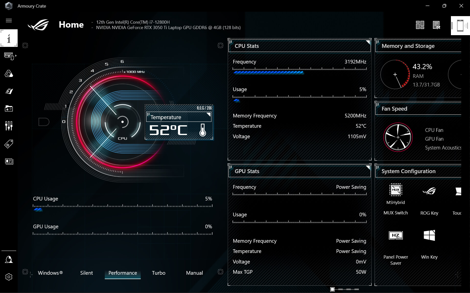Az Armoury Crate főoldalának képernyőképe.