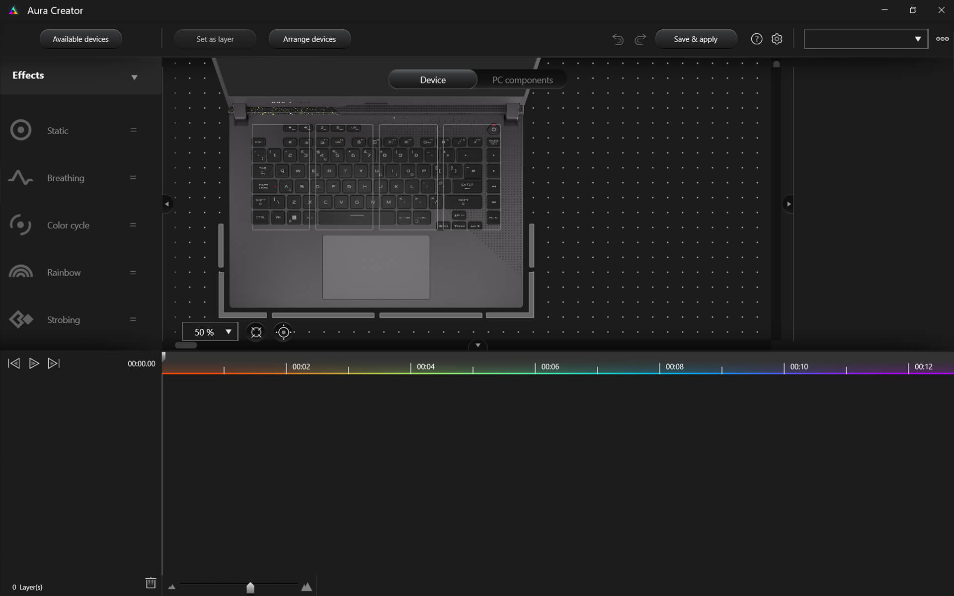 Kuvakaappaus Aura Creator -sovelluksesta, jossa näkyy hahmonnettu versio Strix G17 -kannettavasta.
