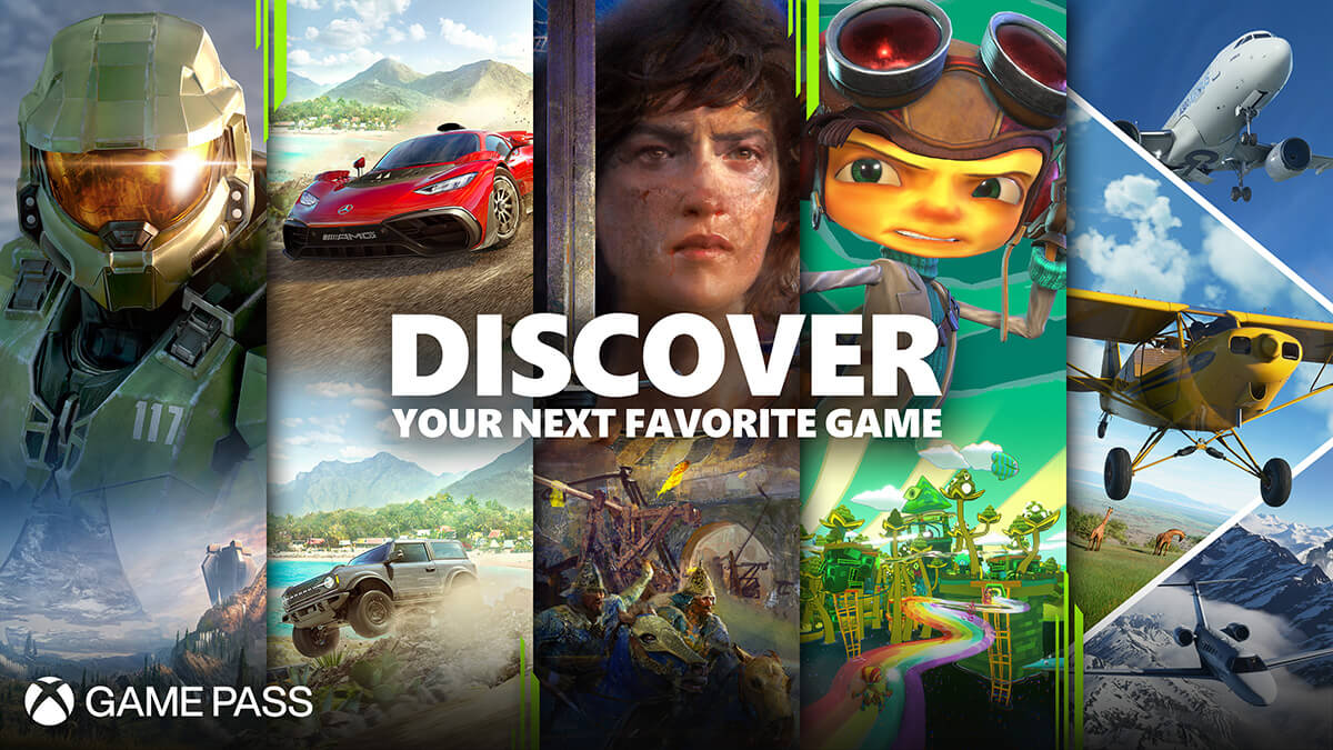 Xbox Game Pass-kampagnebillede med bl.a. Halo, Forza og Microsoft Flight Simulator repræsenteret. Teksten er "Discover your next favorite game".