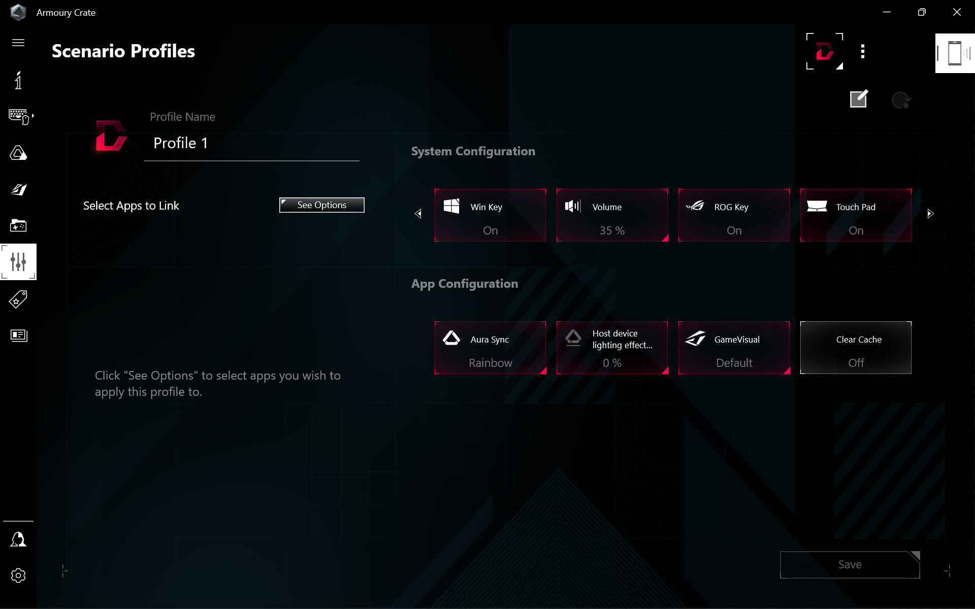 Az Armoury Crate Felhasználói profilok elemének képernyőképe.