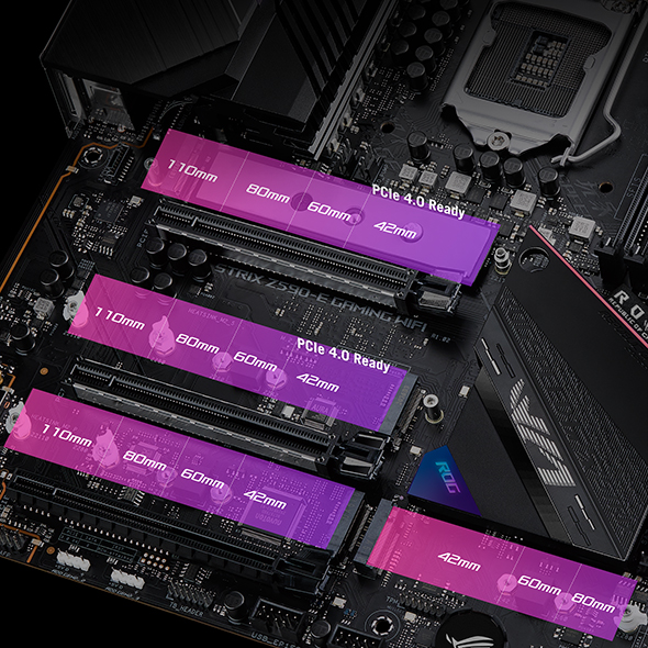 Closeup of ROG Strix Z590-E Gaming WiFi M.2 slots highlighting PCIe 4.0 support