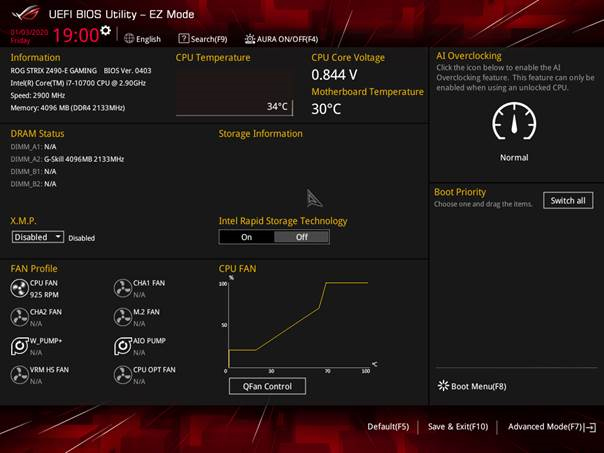 Screenshot of ROG Strix UEFI BIOS Utility – EZ mode section
