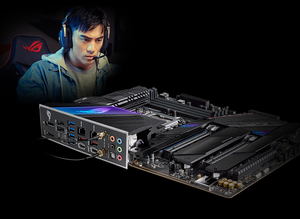 ROG Strix Z590-E Gaming WiFi rear angle with person in background wearing gaming headset