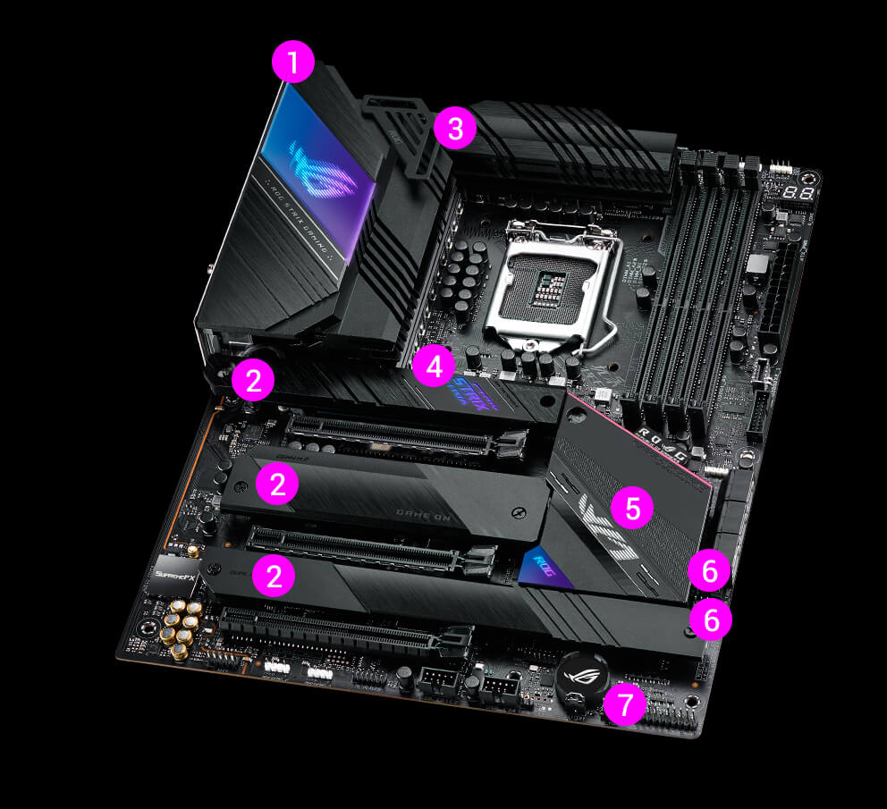 ROG Strix Z590-E Gaming WiFi angled view with multiple feature highlights