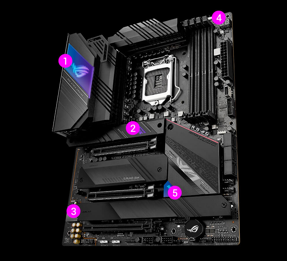 ROG Strix Z590-E Gaming WiFi angled view with M.2 slot and chipset highlights