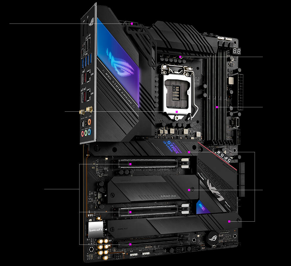 ROG Strix Z590-E Gaming WiFi front view with multiple feature highlights