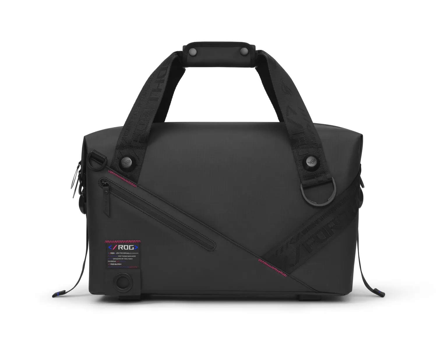 Front view of the ROG SLASH Duffle Bag with the carrying handle extended