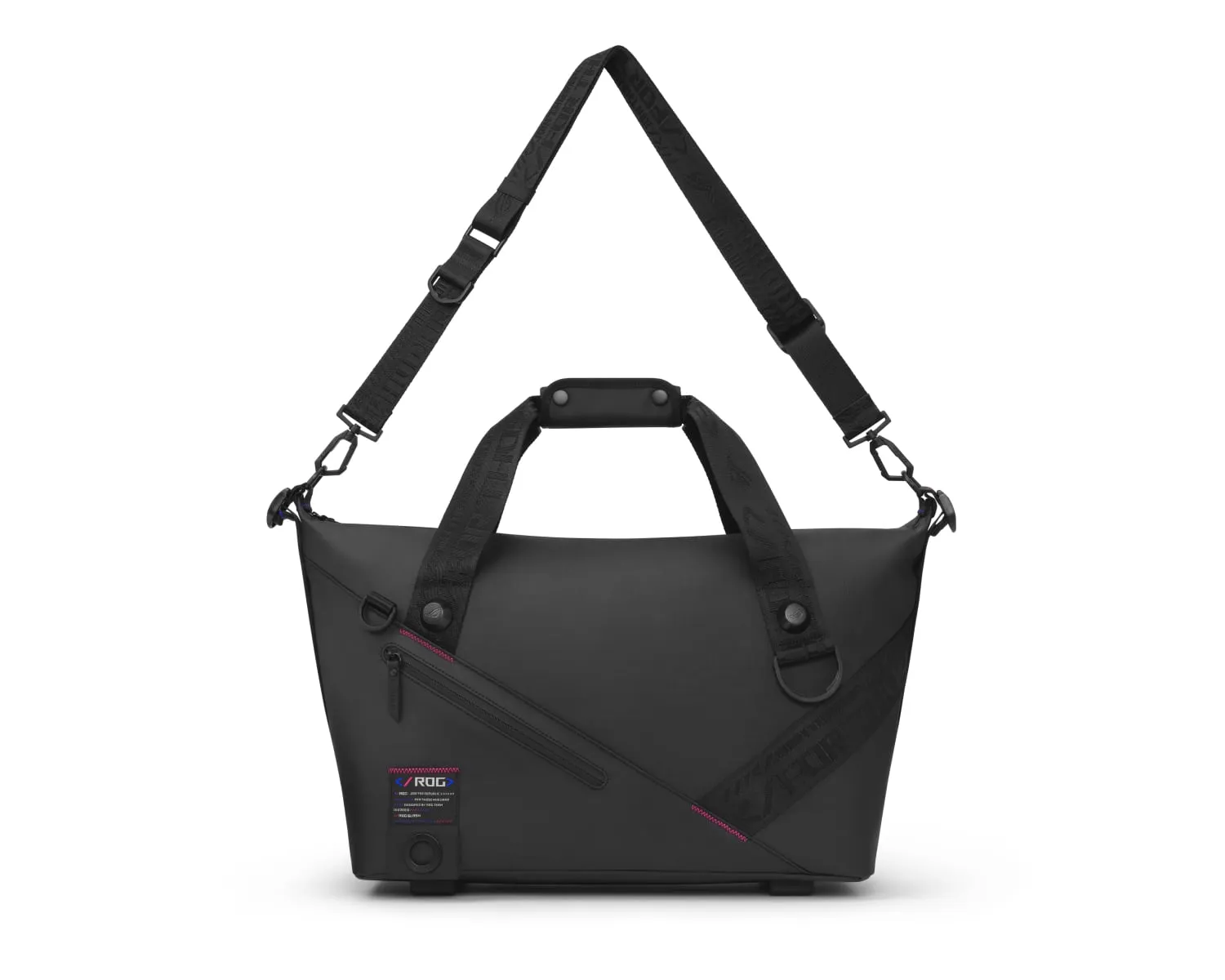 The ROG SLASH Duffle Bag, with both the hand carry handle and shoulder strap fully extended