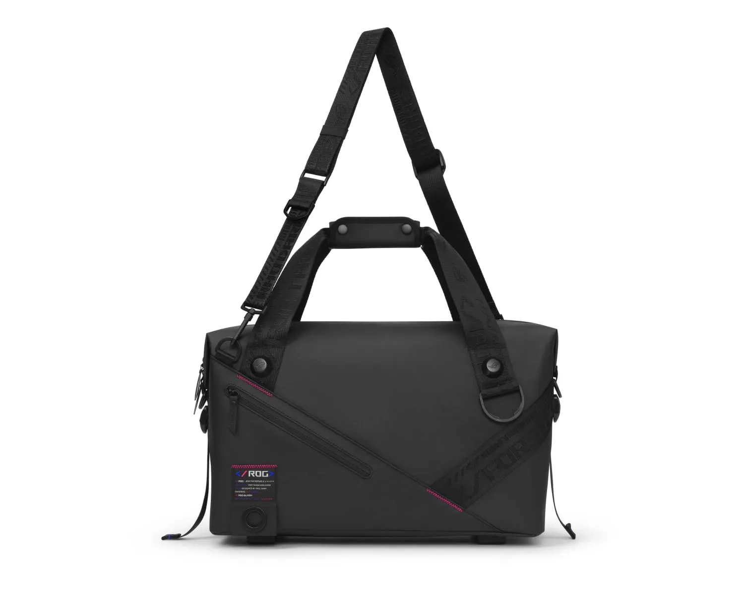 The ROG SLASH Duffle Bag, with both the hand carry handle and shoulder strap fully extended