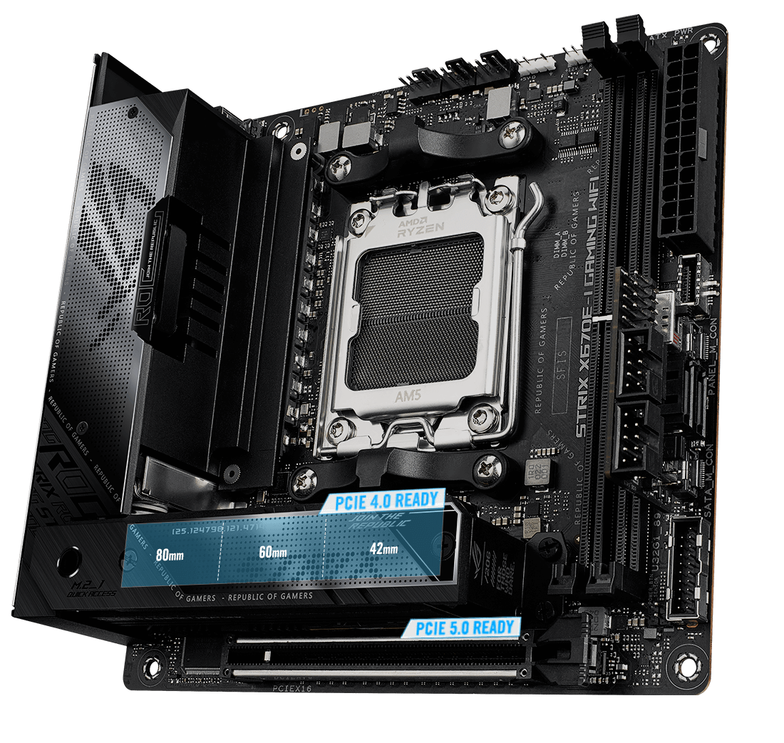 La ROG Strix X670E-I cuenta con ranuras de expansión PCIe 5.0 M.2 y x16