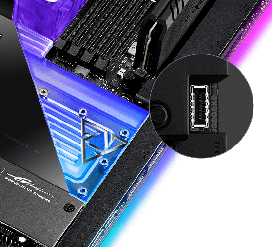 A motherboard ROG Maximus Z690 Extreme Glacial possui um conector USB 3.2 Gen 2x2 no painel frontal com Quick Charge 4+