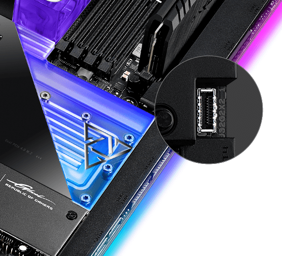 Das ROG Maximus Z690 Extreme Glacial Motherboard Mainboard verfügt über einen USB 3.2 Gen 2x2 Frontpanel-Anschluss mit Quick Charge 4+