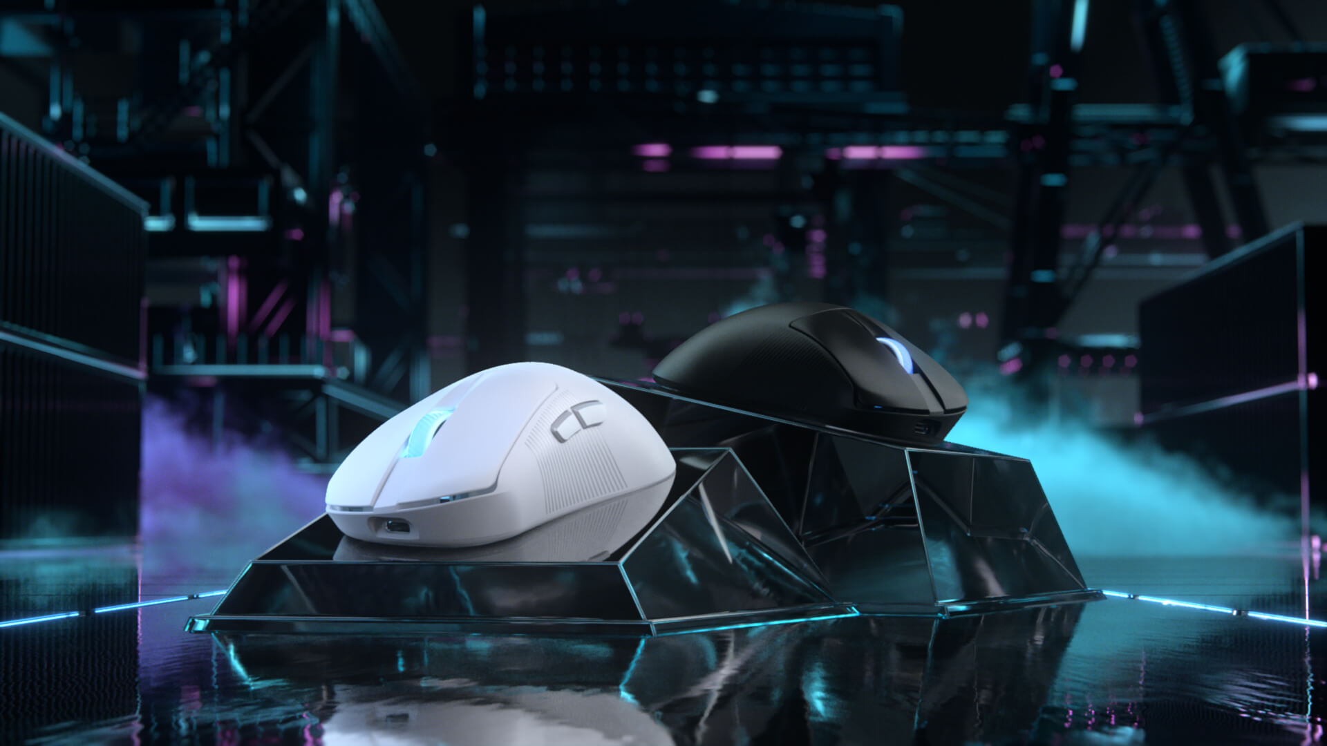 The black and moonlight white ROG Keris II Ace mice set before a FPS warehouse map background