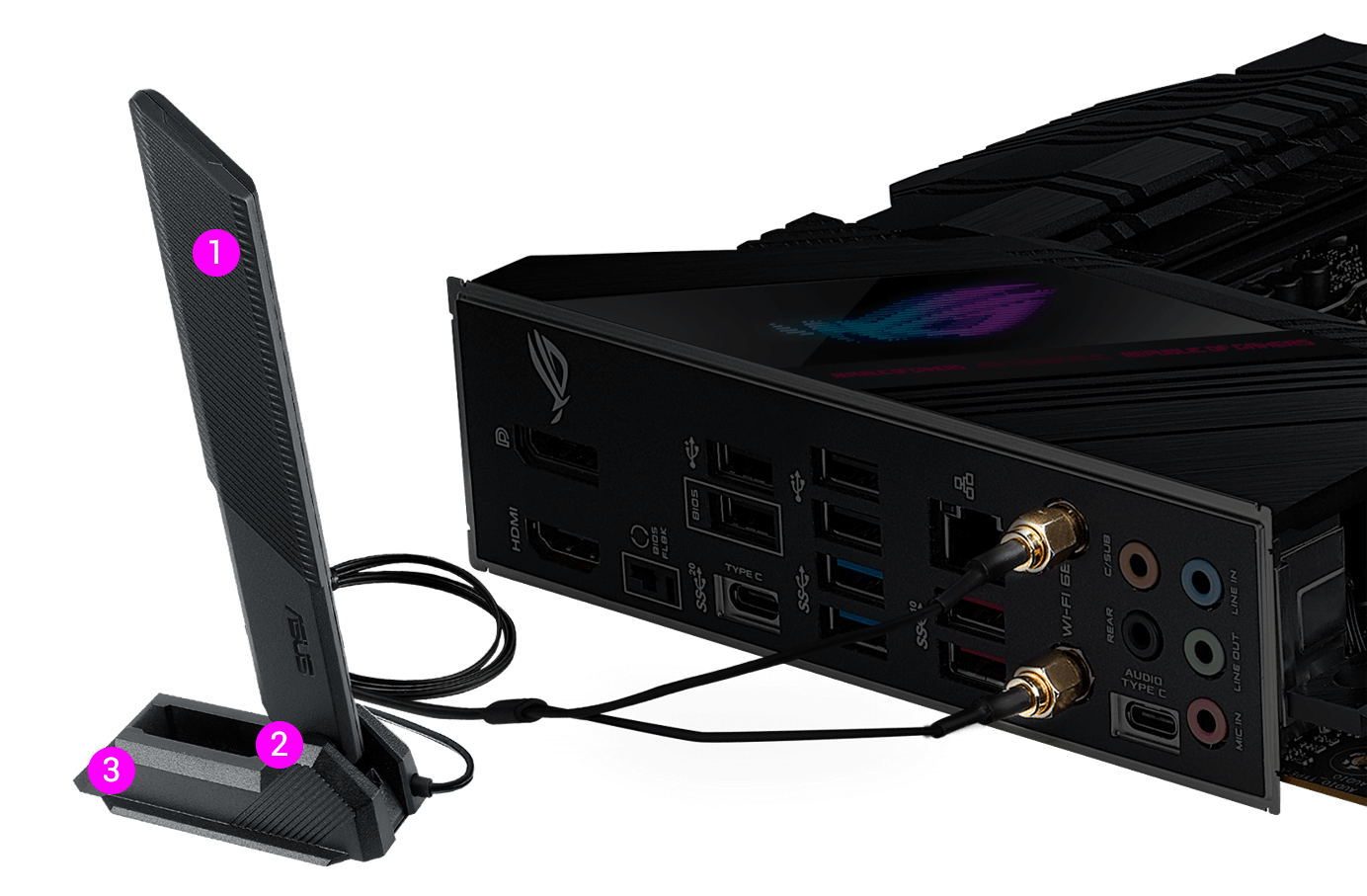 ROG Strix B560-E Gaming WiFi rear I/O panel with connected WiFi 6 antenna