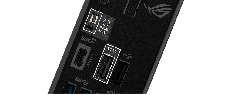 Closeup of ROG Strix B560-E Gaming WiFi BIOS FlashBack button and USB port