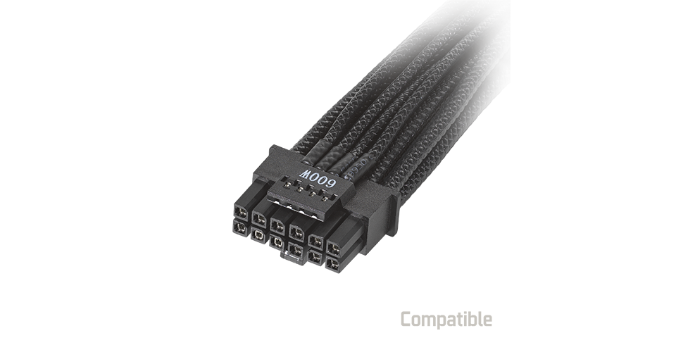 PCIe 5.0 600W power cable with ATX 3.0 compatible logo