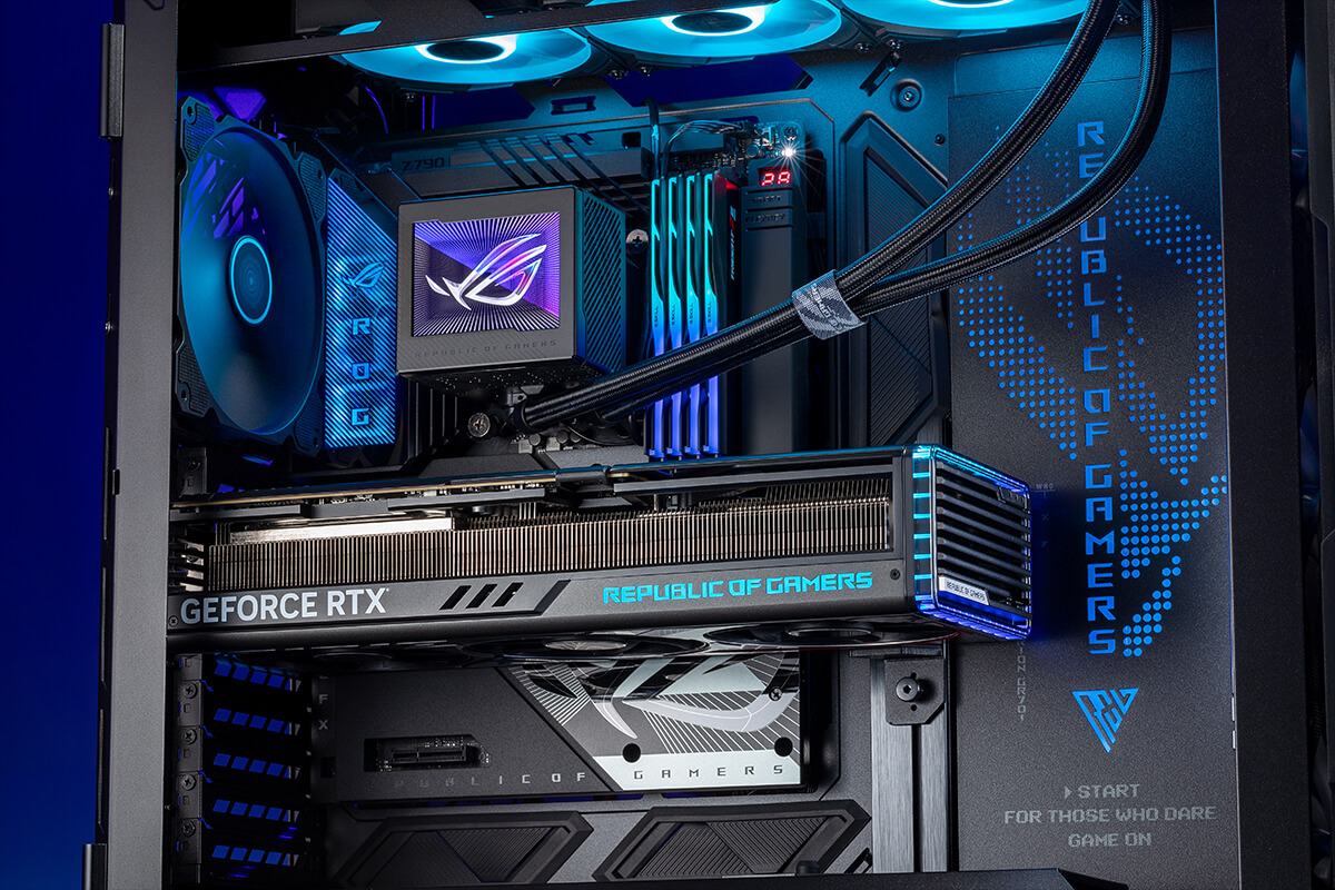 The close-up angle of the ROG Z790 Hero BTF Motherboard with AIO cooler inside the build