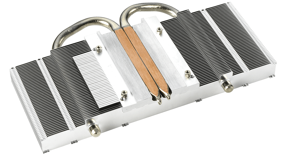 Underside of graphics card heatsink showing direct-contact copper heat pipes