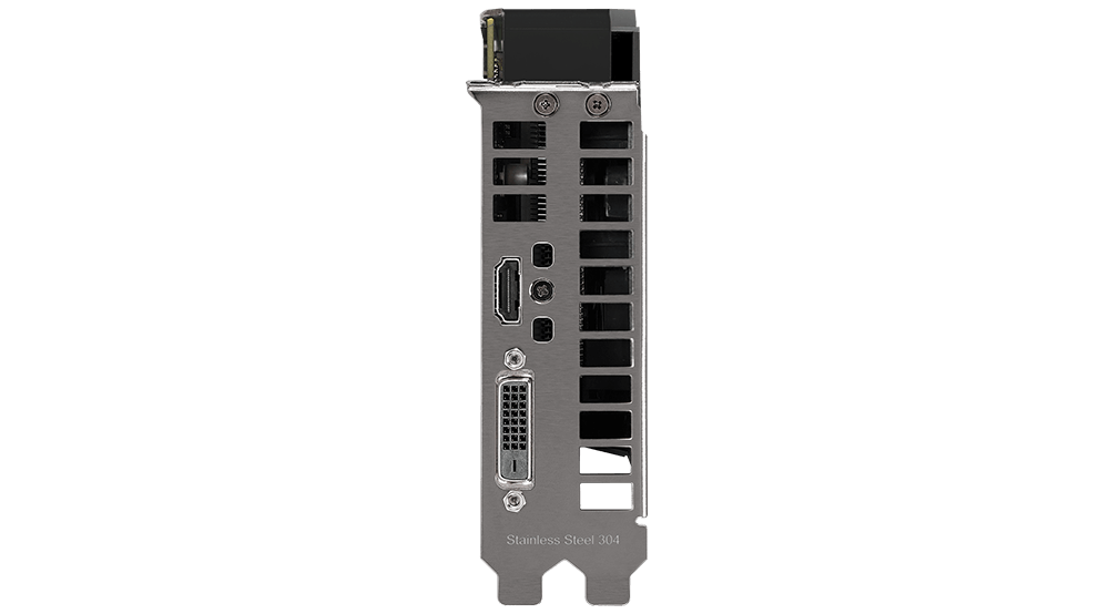 Blick von oben auf das I/O-Port-Bracket der ROG Strix Radeon RX 560 aus Edelstahl.