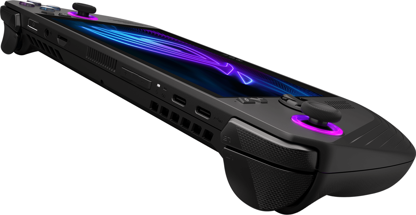 A top view of the ROG Ally X, with labeling for the triggers, exhaust vents, USB C ports, volume rocker, etc.