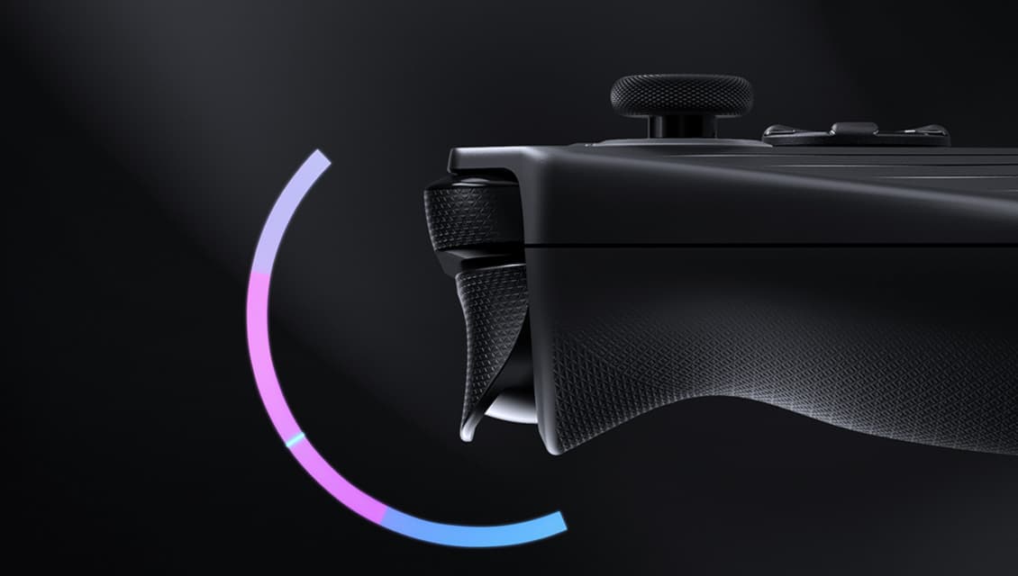 A profile view of the ROG Ally X, with a graphic showing the range of motion of the trigger.