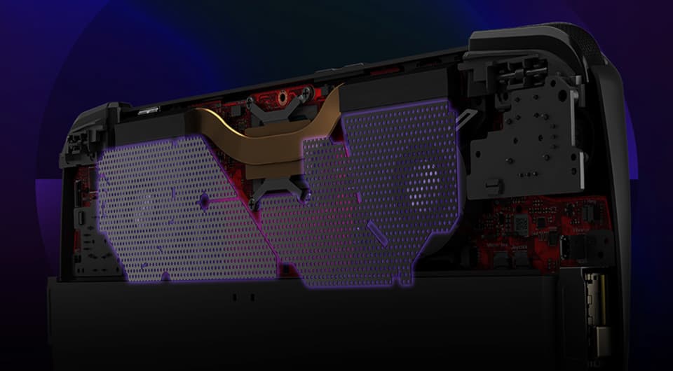 An X-ray view inside the ROG Ally X, with emphasis on the dust covers around the intake vents.