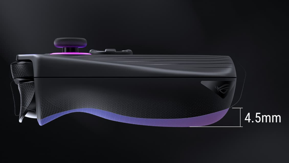 A side profile view of the ROG Ally X, with emphasis on the 4.5mm thicker handgrips than the previous gen.